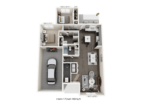 Floor plan for 2 beds, 2 baths, 1060 sqft